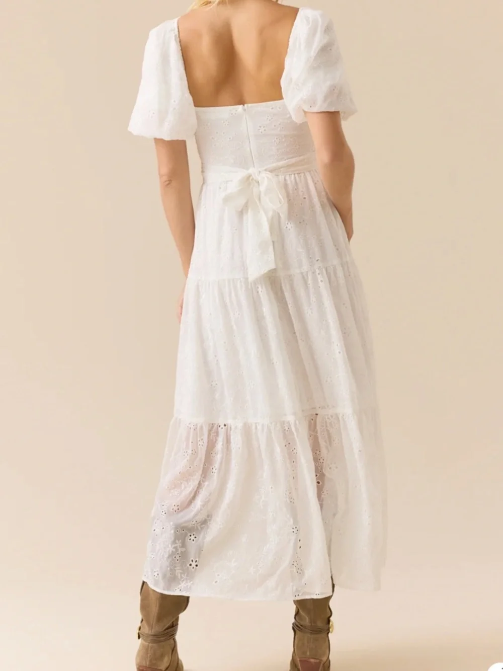 NWT Altar'd State White Eyelet Maxi Dress with Twist Front and Puff Sleeves - Picture 4 of 9